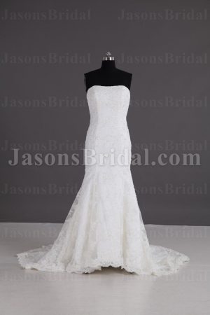 Glamorous Trumpet Strapless Allover Beaded Appliques Sweep Train Lace over Satin Wedding Dresses