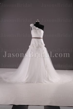 Glamorous Trumpet Floral One-shouder Ribbon Adorned Flowers Appliques Chapel Train Tulle over Satin Wedding Dresses