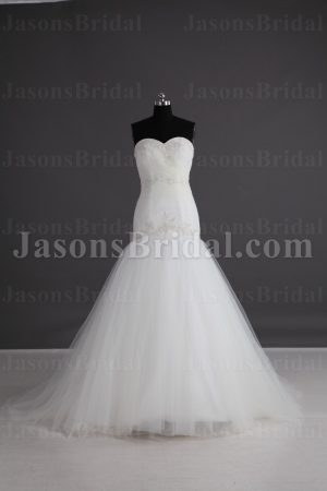 Glamorous Trumpet Sweetheart Beaded Embroidered Asymmetrical Ruched Sweep Train Tulle Wedding Dresses