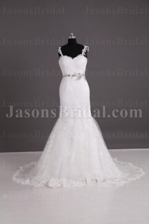 Mermaid Appliqued Spaghetti Sweetheart Jeweled Waistline Sweep Train Lace over Satin Wedding Dresses