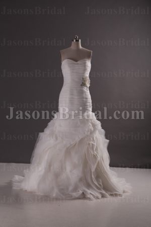 Glamorous Trumpet Sweetheart Ruched Adorned Beaded Flowers Sweep Train Spiral Wave Organza Wedding Dresses