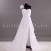 Princess A-line Floral One-shoulder Asymmetrical Pleated Scalloped Front Slit Sweep Train Tulle Wedding Dresses