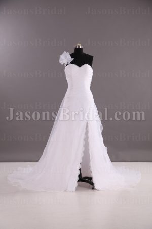 Princess A-line Floral One-shoulder Asymmetrical Pleated Scalloped Front Slit Sweep Train Tulle Wedding Dresses