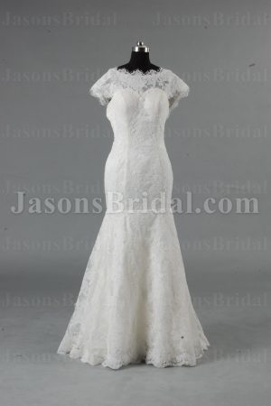 Fit-and-Flare Off-the-shoulder Bateau Low Back Floor Length Lace Wedding Dresses with Detachable Train