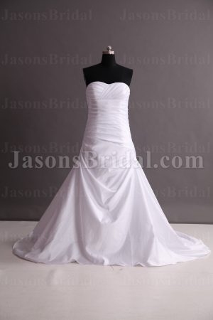 Elegant Fit-and-Flare Sweetheart Ruched Bodice Side Draped Sweep Train Satin Wedding Dresses