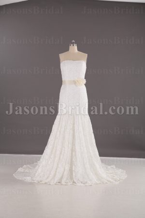 Elegant Trumpet Scalloped Strapless Adorned Floral Belt Sweep Train Lace Wedding Dresses