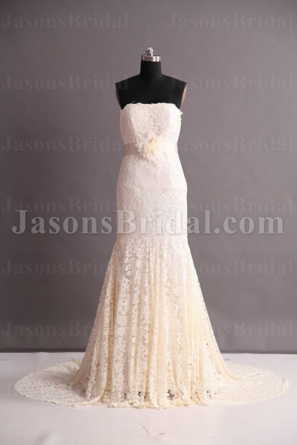 Elegant Champagne Trumpet Scalloped Strapless Adorned Floral Belt Sweep Train Lace Wedding Dresses