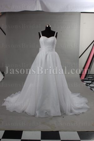 Ball Gown Double Spaghett Straps Sweetheart Lace Bodice Ruched Waistband Chapel Train Pleated Organza Wedding Dresses