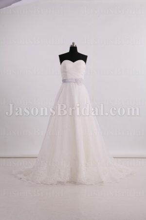 Princess A-line Sweetheart Asymmetrical Ruched Floral Ribbon Sweep Train Satin Appliqued Cascade Back Organza Wedding Dresses