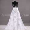 A-line Strapless Beaded Appliqued Bodice Ruched Belt Embroidered Sweep Train Organza over Satin Wedding Dresses