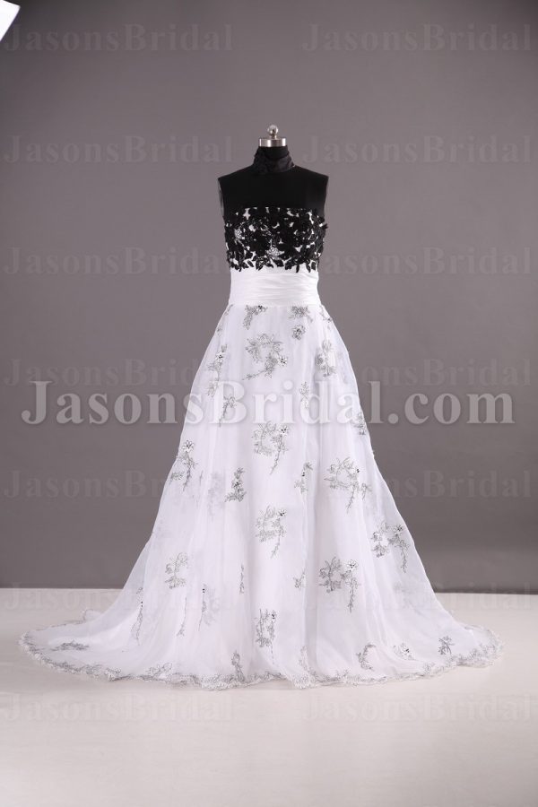 A-line Strapless Beaded Appliqued Bodice Ruched Belt Embroidered Sweep Train Organza over Satin Wedding Dresses