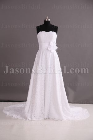 Gorgeous A-line Scalloped Sweetheart Ruched Belt Adorned Flower Sweep Train Lace Wedding Dresses