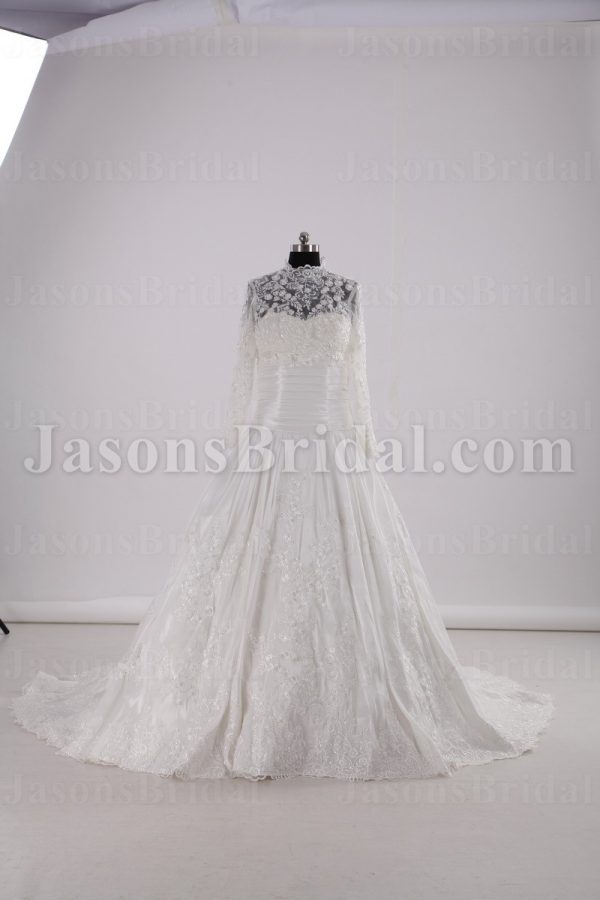 Ball Gown Sweetheart Beaded Appliques Ruched Waistband Chapel Train Satin Wedding Dresses with Long Sleeved Lace Bolero