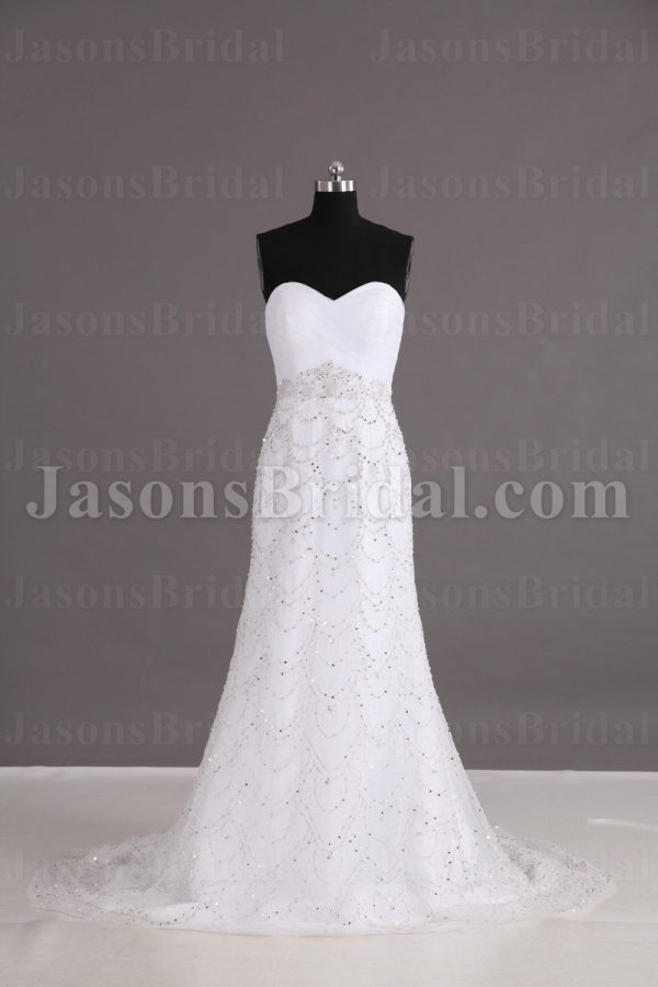 Fit-and-Flare Sweetheart Ruched Bodice Beaded Sequins Embellished Sweep Train Tulle Wedding Dresses