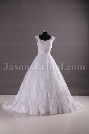 Ball Gown Cap Sleeves Scalloped Neckline Crossed Ruched Belts Sweep Train Tulle Lace Wedding Dresses