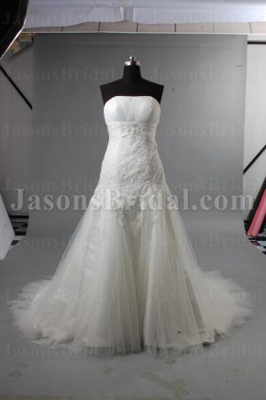 Fit-and-Flare Strapless Ruched Bodice Pleated Belt Jeweled Sweep Train Tulle Lace over Satin Wedding Dresses