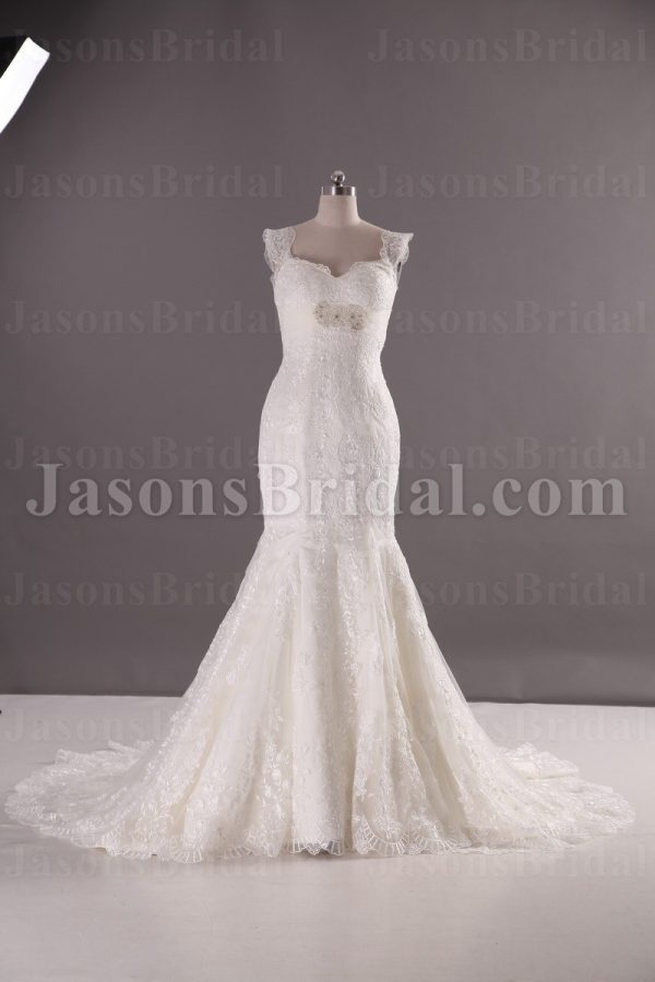 Trumpet Cap Sleeves Sweetheart Jeweled Ruched Belt Sweep Train Tulle Lace over Satin Wedding Dresses