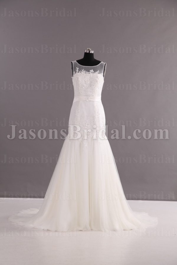 Trumpet Sleeveless Illusion Scoop Neckline Beaded Appliques Ruched Belt Sweep Train Tulle Wedding Dresses