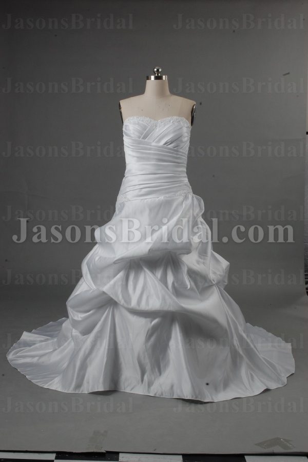 Ball Gown Sweetheart Beaded Appliques Asymmetrical Ruched Chapel Train Pick-up Satin Wedding Dresses