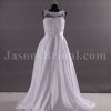 A-line Sleeveless Illusion Scalloped Neckline Lace Bodice Beaded Ribbon Keyhole Back Sweep Train Pleated Satin Wedding Dresses