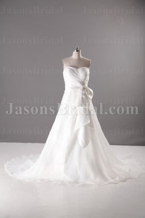 Princess A-line Sweetheart Asymmetrical Ruched Jeweled Bowknot Sweep Train Organza over Satin Wedding Dresses