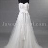 Elegant A-line Sweetheart Beaded Pleated Ribbon Sweep Train Tulle over Satin Wedding Dresses