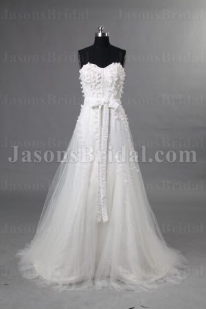 Elegant A-line Sweetheart Beaded Pleated Ribbon Sweep Train Tulle over Satin Wedding Dresses