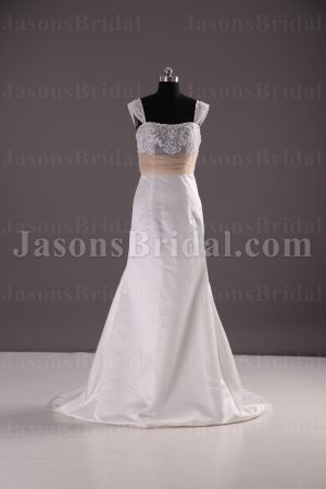 Fit-and-Flare Cap Sleeves Beaded Illusion Lace Bodice Ruched Belt Sweep Train Satin Wedding Dresses