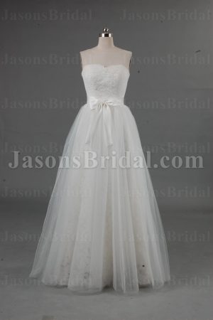 Elegant A-line Scalloped Sweetheart Lace Bodice Bowknot Belt Floor Length Tulle Wedding Dresses