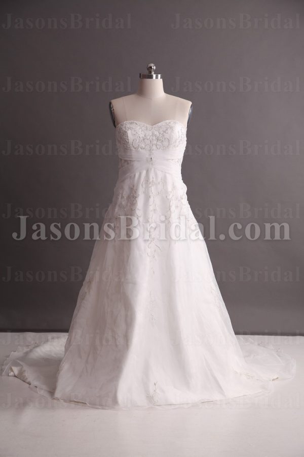 A-line Sweetheart Beaded Embroidered Jeweled Ruched Crossed Belt Chapel Train Organza over Satin Wedding Dresses