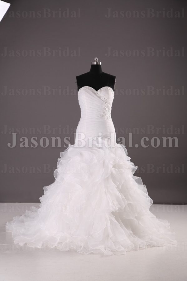 Ball Gown Sweetheart Beaded Asymmetrical Ruched Chapel Train Ruffled Organza Wedding Dresses