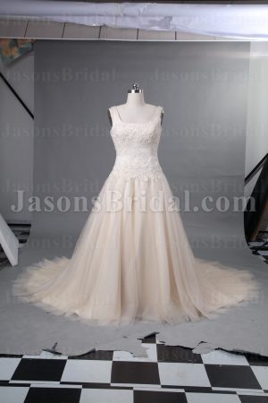 Ball Gown Sleeveless Square Neckline Beaded Appliques Chapel Train Tulle over Satin Wedding Dresses