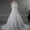 Ball Gown Strapless Asymmetrical Ruched Adorned Flowers Appliques Chapel Train Organza over Satin Wedding Dresses