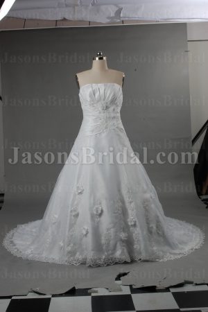 Ball Gown Strapless Asymmetrical Ruched Adorned Flowers Appliques Chapel Train Organza over Satin Wedding Dresses