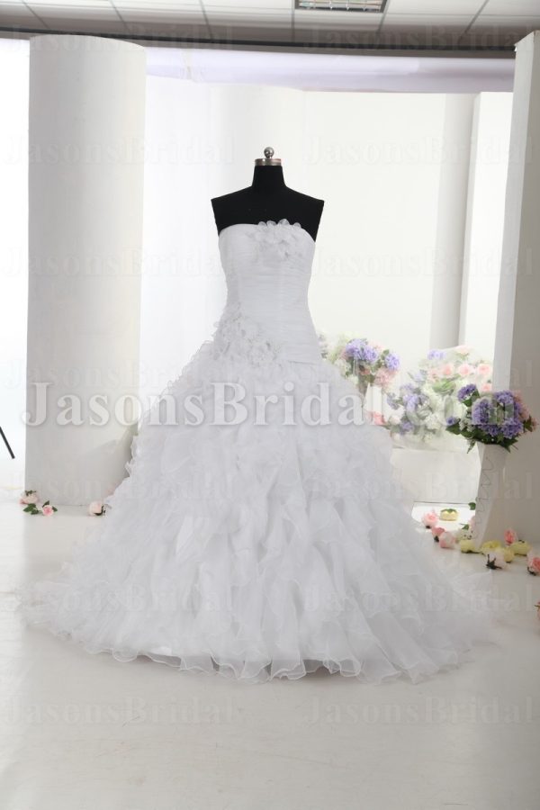 Dramatic Ball Gown Strapless Ruched Beaded Adorned Flowers Chapel Train Ruffled Organza Wedding Dresses