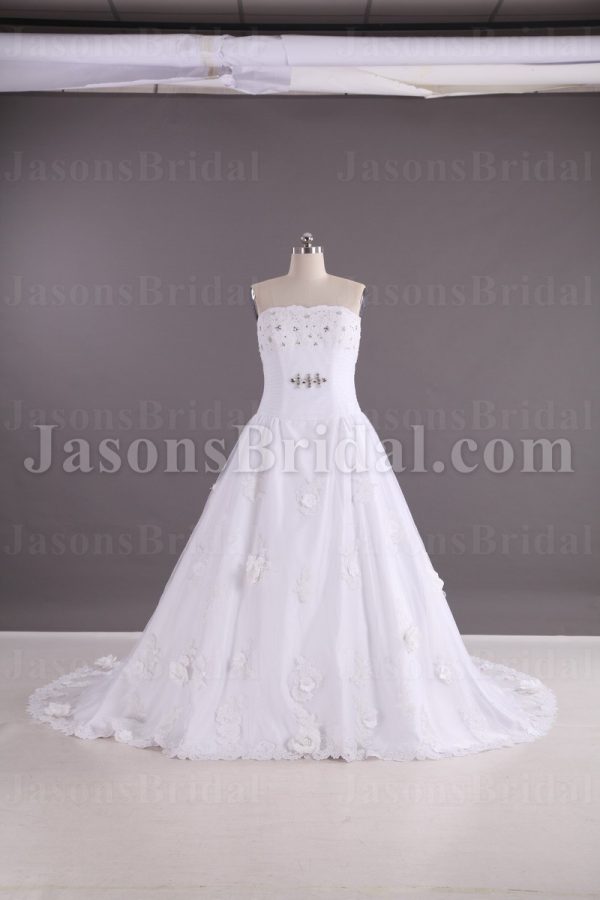 A-line Scalloped Strapless Beaded Appliques Jeweled Ruched Adorned Flowers Chapel Train Organza over Satin Wedding Dresses