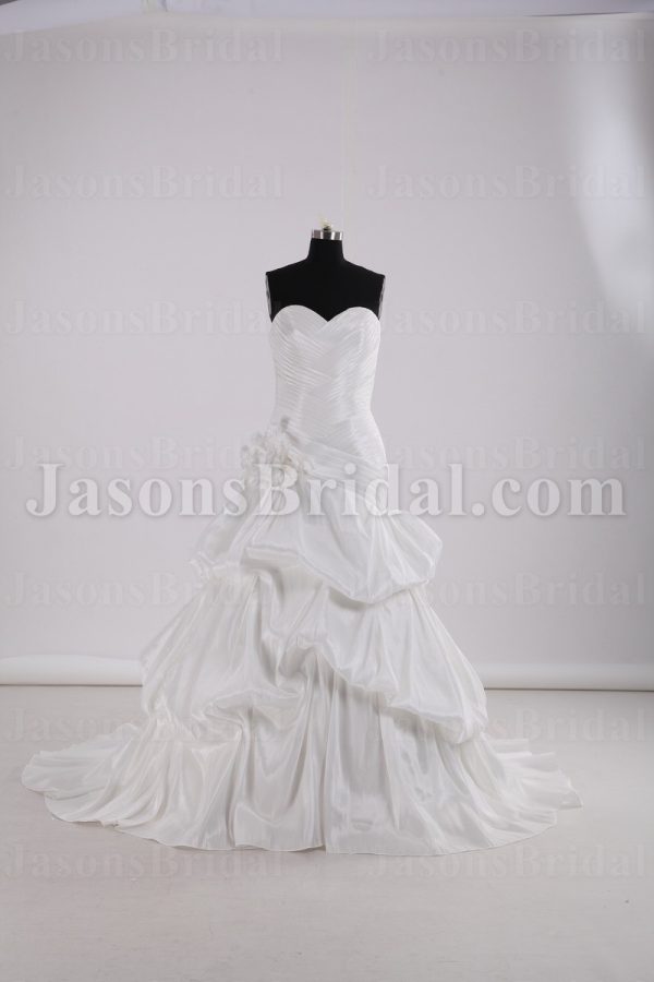 Fit-and-Flare Sweetheart Asymmetrical Ruched Adorned Flower Strapless Chapel Train Bustled Taffeta Wedding Dresses