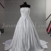 A-line Scalloped Strapless Beaded Appliques Jeweled Ruched Belt Chapel Train Pleated Satin Wedding Dresses