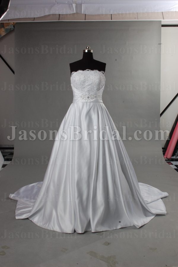 A-line Scalloped Strapless Beaded Appliques Jeweled Ruched Belt Chapel Train Pleated Satin Wedding Dresses