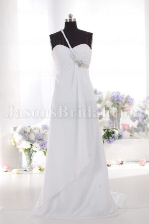 Empire Spaghetti One-shoulder Ruched Bodice Jeweled Sweep Train Chiffon Wedding Dresses