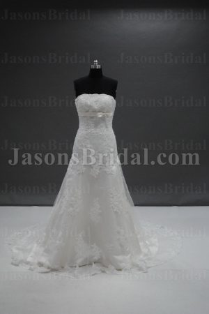 Fit-and-Flare Scalloped Strapless Beaded Allover Appliques Ribbon Sweep Train Lace Tulle over Satin Wedding Dresses