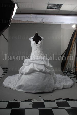 Stunning Ball Gown Queen Anne V-neck Allover Lace Adorned Flowers Chapel Train Draped Bustled Satin Wedding Dresses