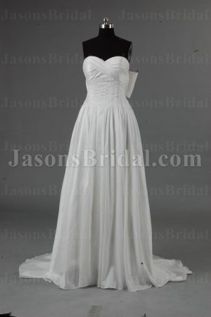 Sheath Sweetheart Ruched Bodice Bowknot Back Sweep Train Pleated Satin Wedding Dresses