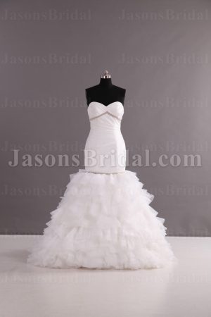 Trumpet Sweetheart Asymmetrical Ruched Jeweled Beaded Sweep Train Layered Ruffled Organza Wedding Dresses